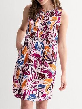 #08 NWT Sonoma Tropical Pintuck Sleeveless Henley Pockets Shift Dress Sundress